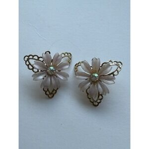 Vintage White Plastic and Rhinestone Floral Earrings Missing Screw Back
